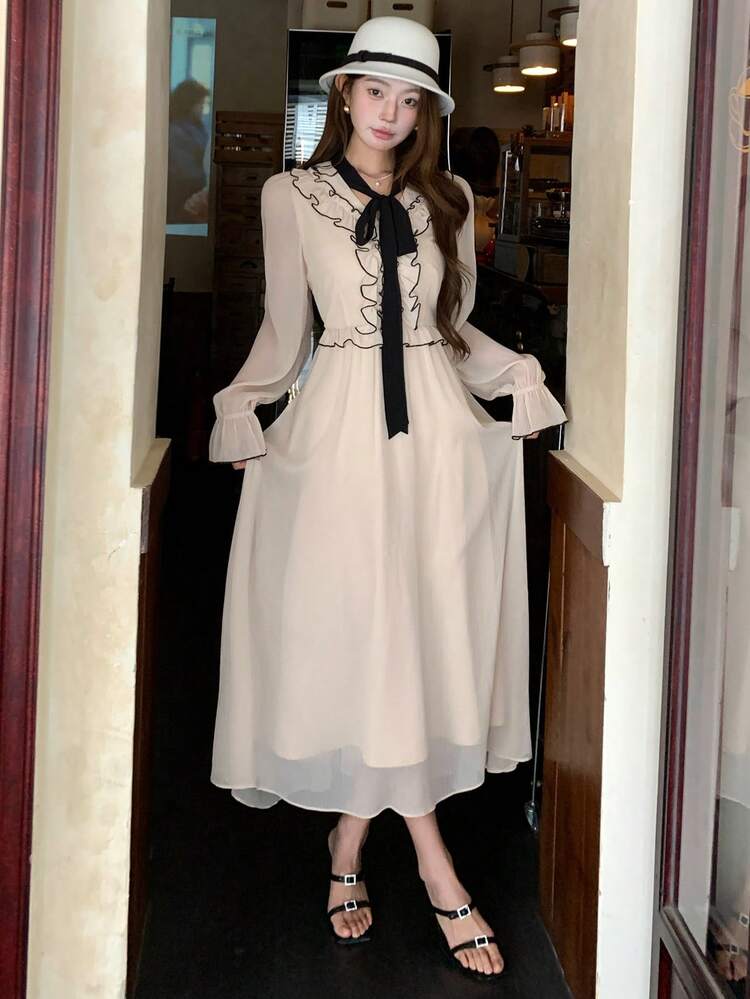Women's Casual Ruffle Tie-Up Midi Dress, Suitable For Party, Birthday, Fresh Style Sundress