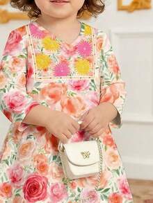 Baby Girls' Casual Minimalist Long Sleeve Dress, Classic Middle Eastern Arabic Traditional Jalabiya Long Dress, Vintage Peony Floral Print - Multicolor - View 2
