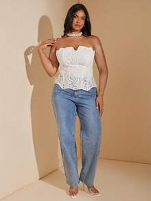 SHEIN BAE 大码女式鱼骨纹系带露脐吊带背心，Y2K风格，适合初秋、春夏穿着 - 白色 - 查看 3