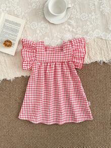 SHEIN Babygirls Summer Red Plaid Cap Sleeve Mini Dress, Countryside Style, Cute Pattern, Lightweight Silhouette, Suitable For Outdoor, Casual, And Party Occasions - Red - View 3