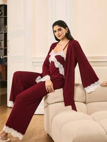 Moireta Elegant Lace Trim Flare Sleeve Pants Women Pajama Set, Charming For Valentine's Day - Burgundy - View 5