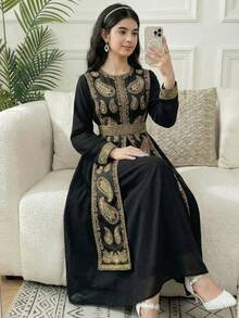 SHEIN 少女黑色金箔国庆节假日优雅宫廷中东阿拉伯风格两件套连衣裙，春夏款 - 黑色 - 查看 1