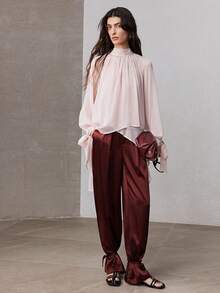 ZEYLAH Pantalones de tobillo sueltos y relajados de satén de unicolor para mujer, primavera - Marrón Chocolate - Ver 1