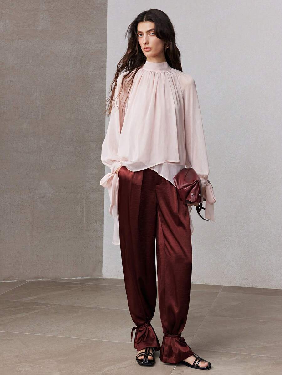 ZEYLAH Pantalones de tobillo sueltos y relajados de satén de unicolor para mujer, primavera - Marrón Chocolate - Ver 1