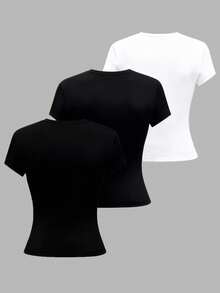 GlowEve 3件套休闲圆领刺绣纯色女式T恤，春夏款 - 彩色 - 查看 2