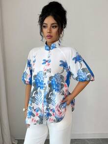 Elenzga Camisa de mujer de manga corta, cuello alto, estilo suelto y abierto delantero, con estampado de posicionamiento romántico, elegante, de moda, cómoda y casual para uso diario y vacaciones (estampado de posicionamiento aleatorio) - Azul - Ver 4