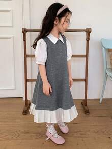DAZY Young Girl' Collared Color Block Ruffle Trim Casual Patchwork Korean Style Puff Sleeve Dress - Grey - View 3