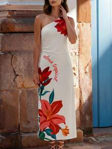 CAJUNI Vestido midi con estampado floral y hombros fruncidos de moda - Multicolor - Ver 4