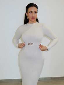 MDEdit Vestido texturizado de malha elástica para outono/inverno feminino, vestido justo com gola alta, vestido com fivela de metal, vestido elegante para mulheres, vestido casual, roupas femininas de outono/inverno, vestido de festa - Damasco - Ver 4