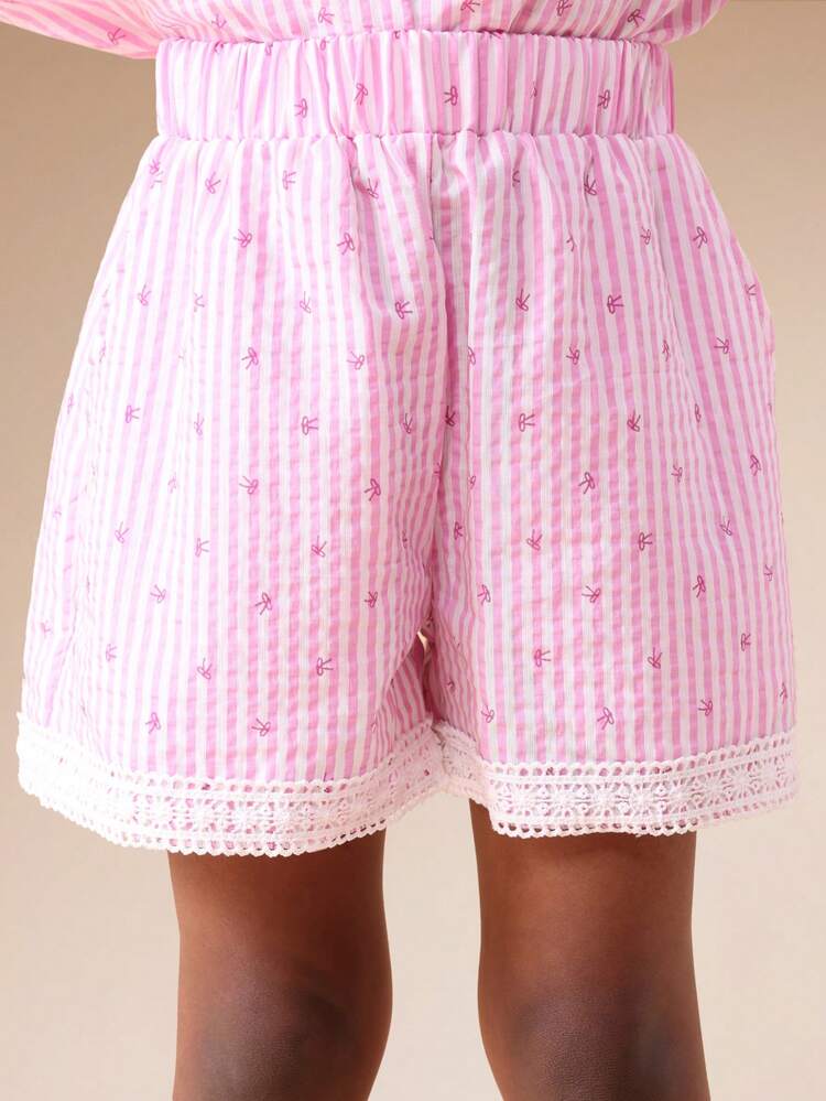 Striped Shirt And Shorts Set With Lace Trim