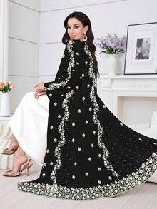 Al Najma 一件舒适保守的长款睡袍，传统复古印花连衣裙/碎花连衣裙，适合女性日常穿着、约会、休闲、派对、节日等场合。女士连衣裙，植物复古印花连衣裙，黑色连衣裙 - 黑色 - 查看 1