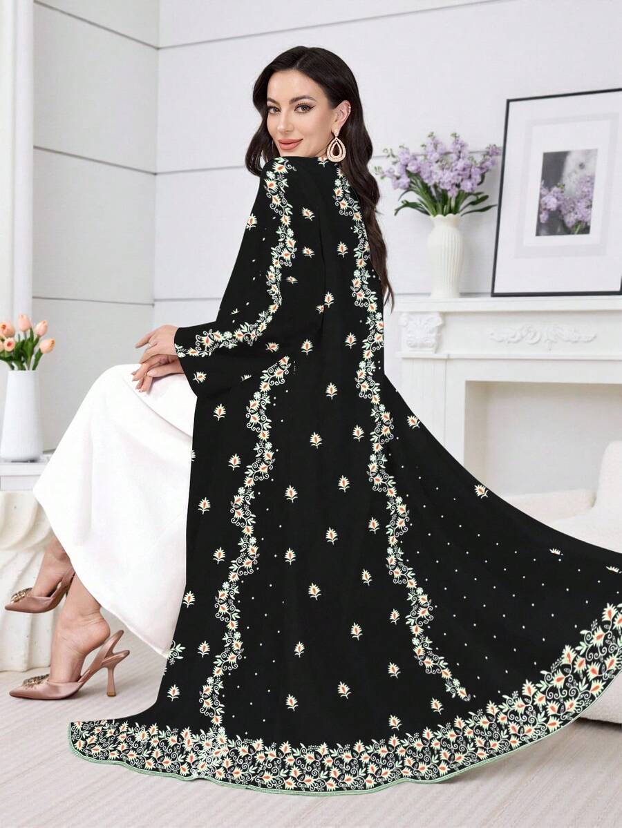 Al Najma 一件舒适保守的长款睡袍，传统复古印花连衣裙/碎花连衣裙，适合女性日常穿着、约会、休闲、派对、节日等场合。女士连衣裙，植物复古印花连衣裙，黑色连衣裙 - 黑色 - 查看 1