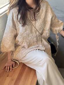 FRIFUL Women's Loose Fit Textured Fabric Open Front Casual Shirt - Apricot - View 2