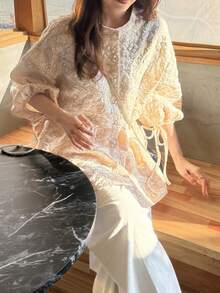 FRIFUL Women's Loose Fit Textured Fabric Open Front Casual Shirt - Apricot - View 7