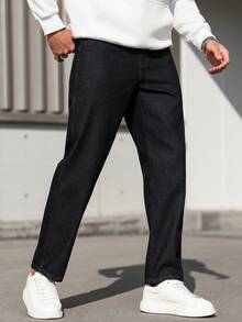 Manfinity Homme Jeans dritti a gamba affusolata in denim lavato blu vintage, effetto lino sintetico - Blu lavato scuro - Visualizzare 3