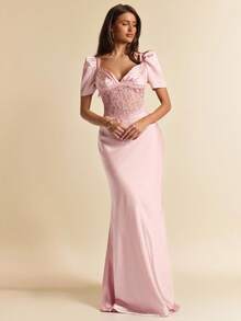 SHEIN BAE Spring/Summer Sexy Deep V-Neck Halter Waist Lace Hollow Splice Fishtail Satin Short Sleeve Maxi Dress, Suitable For Cocktail Party, Romantic Date, Party, Formal Gathering, Bridesmaid Dress, Evening Dress, Brunch Dress, Valentine's Day, Tea Party, Lace Dress - Pink - View 6