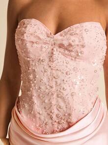 SHEIN BAE 春夏纯色蜜桃色抹胸修身迷你连衣裙，优雅粉色迷你派对连衣裙，夏季缎面连衣裙，优雅连衣裙，海滩度假连衣裙，生日派对连衣裙，婚礼宾客礼服，早午餐连衣裙 - 粉色 - 查看 8