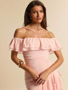 SHEIN BAE Đầm ôm sát màu hồng trễ vai, xếp ly, vạt bất đối xứng, thích hợp cho tiệc cocktail, hẹn hò lãng mạn, họp mặt, sự kiện trang trọng, đầm phù dâu, trang phục dạ hội, ngày Valentine, đầm mùa hè, bữa ăn sáng muộn, kỳ nghỉ biển. - Hồng - Xem 7