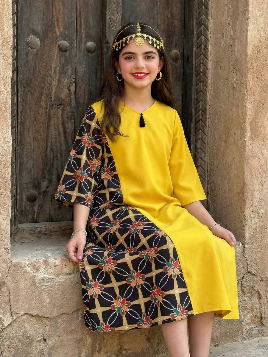Robe décontractée de style arabe moyen-oriental pour préadolescentes, motif patchwork, jaune vif, convient pour les vacances, les sorties et les voyages - Jaune citron - Voir 1