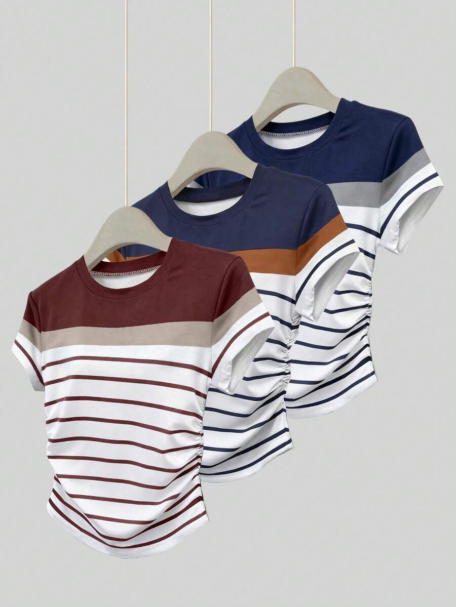 SHEIN Tween Girls 3 PiecesStriped Print Snug Fit T-Shirt Set - Multicolor - View 1