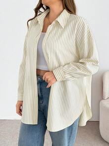 SHEIN Essnce Áo sơ mi dài tay kẻ sọc cài cúc, kiểu dáng rộng rãi thoải mái, cơ bản, đa năng, tôn dáng dành cho nữ, thích hợp mặc hàng ngày, thời trang xuân/hè, dành cho nữ, kiểu dáng rộng, đơn giản, thích hợp cho mùa xuân. - Màu vàng - Xem 5