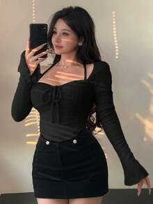 DAZY 女士长袖纹理毛绒系带领口抽绳喇叭袖上衣，粉色，秋冬Y2K风格 - 黑色 - 查看 2