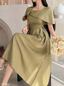 DAZY Women's Elegant Solid Color Pleated Asymmetric Dress, Summer Wedding Guest Dress Sundress - Yellow - View 4