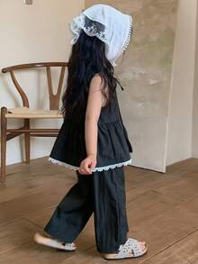 DAZY 2pcs Baby Girls Lace Ruffle Trim Sleeveless Shirt & Pants Set - Grey - View 6