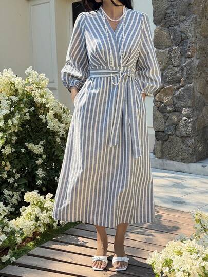 Livesso Women's Casual Commuter Striped Lantern Sleeve Mid-Length Dress