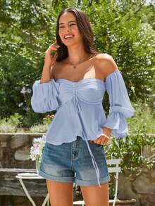 KARISMINA 女士纯色极简露肩上衣 - 淺藍色 - 查看 6