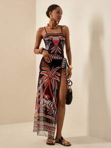 Vesra Women's Tropical Floral Print Bandeau Bikini Set, Elegant Minimalist Sexy Two Pieces Swimsuit For Beach Party And Vacation - Black - View 1