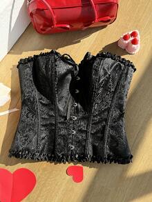 SHEIN EZwear Plus-Size Women's Jacquard Front-Button Ruffle Bow Embellishment Valentine's Day, Date, Fashionable Strapless Fishtail Top - Black - View 4