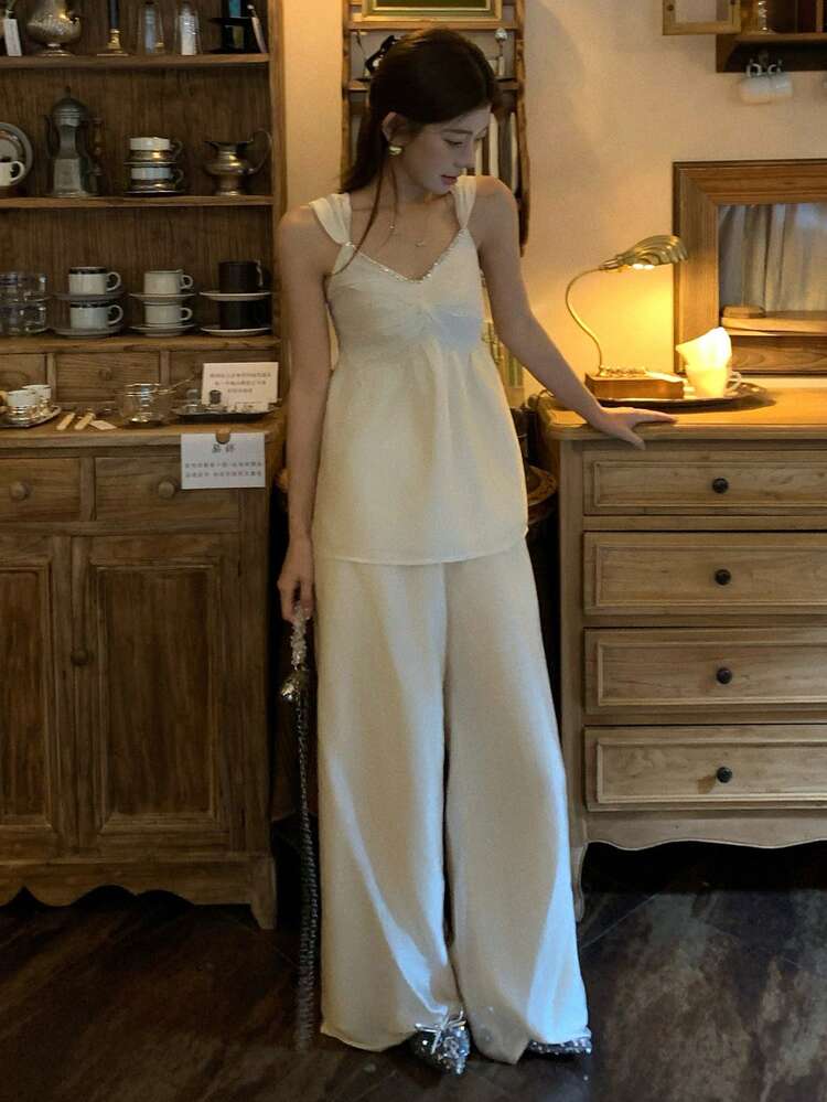 Women's Tie-Up Ruffle Trim Casual Shirt & Loose Pants Two Pieces Set, Fresh Korean Style For Spring/Summer