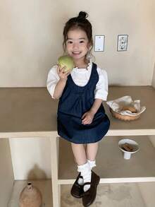 DAZY Baby Girl Vintage Korean Style Washed Bib Dress Toddler Girls Clothes - Dark Wash - View 6