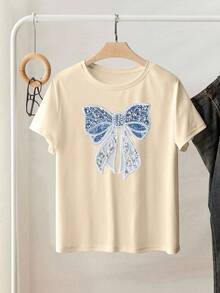 Resyla 女士标准尺码蝴蝶结串珠刺绣圆领短袖休闲T恤 - 杏色 - 查看 3