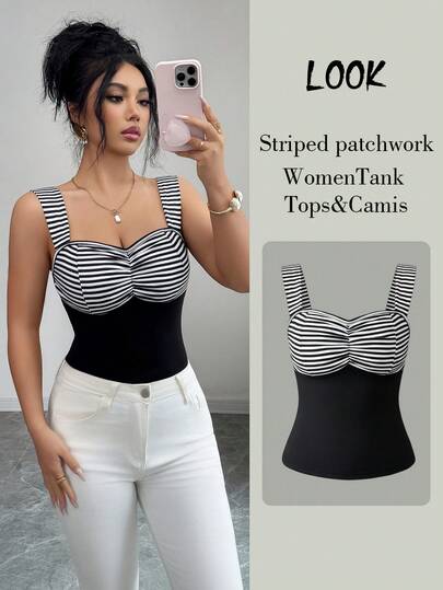 Elenzga Elegant Women's Sleeveless Top With Striped Patchwork, Pleated Neckline, Casual Street Style For Spring/Summer, Vacation