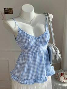 SHEIN EZwear 女士宽松休闲蓝色格子荷叶边吊带背心，春夏款 - 藍色 - 查看 7