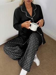 Dream Adore Conjunto de pijama a cuadros con cuello y decoración de botones para mujer de Doze Lane - Negro - Ver 5