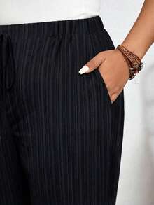 SHEIN Frenchy 大码纯色休闲裤，松紧腰带，斜插口袋 - 黑色 - 查看 6