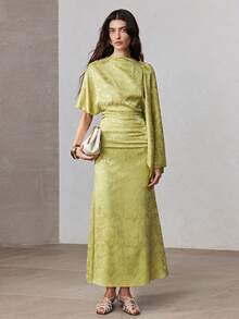 ZEYLAH Jacquard Asymmetric Shoulder Fitted Mid-Length Dress, Spring - Green - View 4