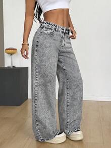 SHEIN PETITE PETITE Summer And Spring Women's Casual Loose Fit Washed Denim Jeans Streetwear Y2K Grey Snow-Washed Straight-Leg Casual Denim Jeans - Grey - View 1