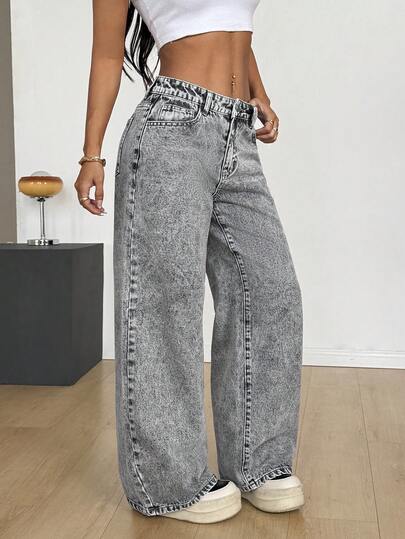 SHEIN PETITE PETITE 春夏女式休闲宽松水洗牛仔裤 街头风 Y2K 灰色雪洗直筒休闲牛仔裤