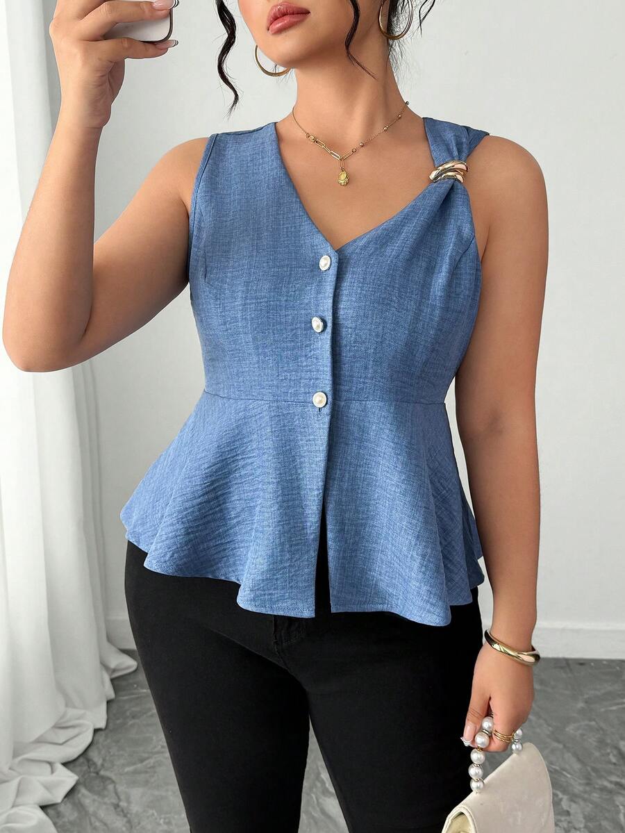 SHEIN PETITE CURVE Blusa sin mangas elegante para mujer de talla grande, top chic para ir al trabajo, versátil para primavera/verano - Azul - Ver 1