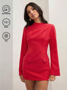 COSMINA 女式春夏纯色立领喇叭袖短款迷你连衣裙 - 紅色 - 查看 7