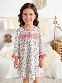 Girls' Ditsy Floral Ruffle Patchwork Long Sleeve Long Nightgown Loungewear Sleep Wear Kids Girls Dress Little Girl Nightgown Girls Pajama Dress Girls Dress Long Sleeves Kids Dress