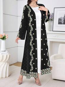 Al Najma 一件舒适保守的长款睡袍，传统复古印花连衣裙/碎花连衣裙，适合女性日常穿着、约会、休闲、派对、节日等场合。女士连衣裙，植物复古印花连衣裙，黑色连衣裙 - 黑色 - 查看 6