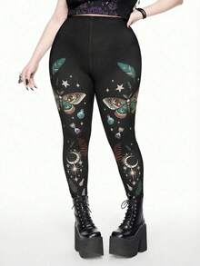 ROMWE Quần legging đen in hình bướm Gothic, sao và trăng, họa tiết cây cỏ và lông vũ, dáng ôm, cỡ lớn, thích hợp cho mùa thu/đông. - Màu xanh lá cây đậm - Xem 1