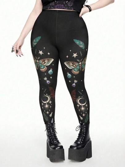 Goth Leggings negros con estampado de mariposa gótica, poción de estrella y luna, planta y pluma, de ajuste ceñido y talla grande para otoño/invierno