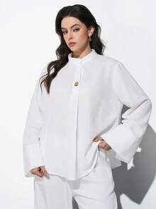Maija Plus Size Women's Solid Color Stand Collar Long Sleeve Single-Breasted Casual Shirt - White - View 4