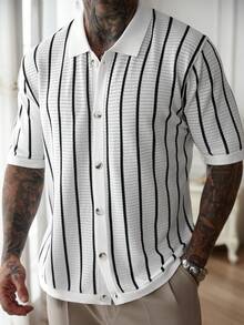 OTTIMOZO 男士休闲度假条纹印花镂空针织短袖毛衣，休闲/通勤/度假/酷老爸风，春夏男士钩针衬衫，男士度假装，男士条纹衬衫，针织男士衬衫，男士夏季服装 - 彩色 - 查看 6